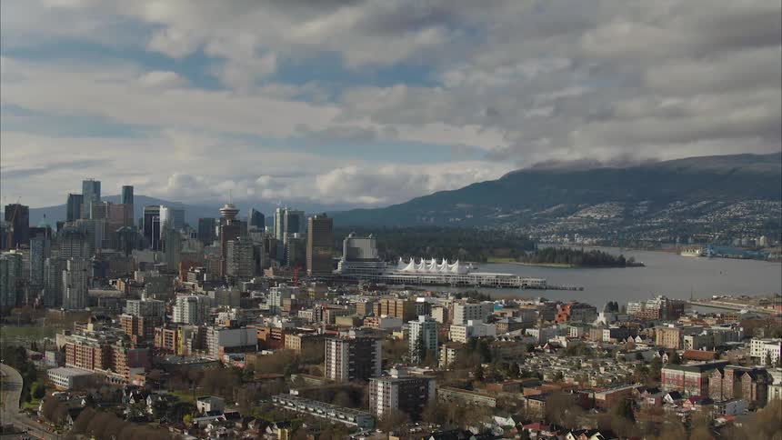 An aerial view towards Gastown in Vancouver city