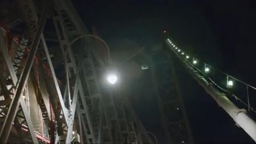 Close up of a suspension bridge