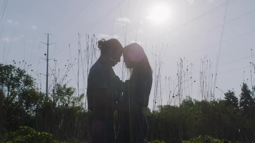 Silhouette of a young couple hugging on the countryside