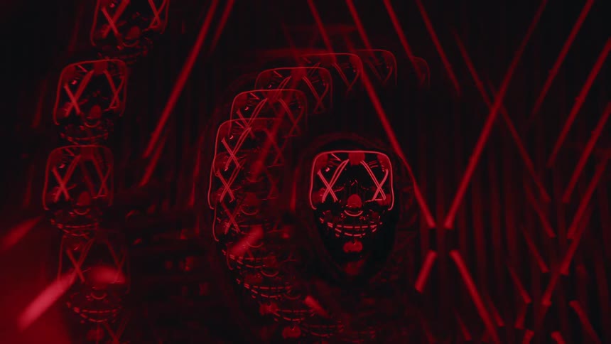 Red digital shape moves around a dancer wearing a red glowing mask
