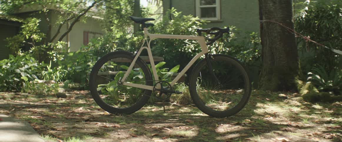 Bicycle parked in the yard of a home in a quiet neighborhood