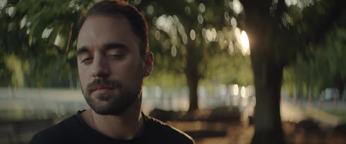 Portrait of young bearded man standing in a park at sunset looking at the camera
