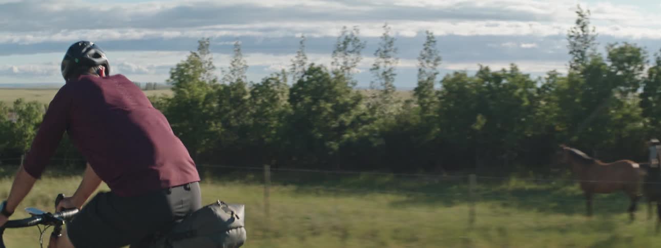A man rides his bike past horses in a field