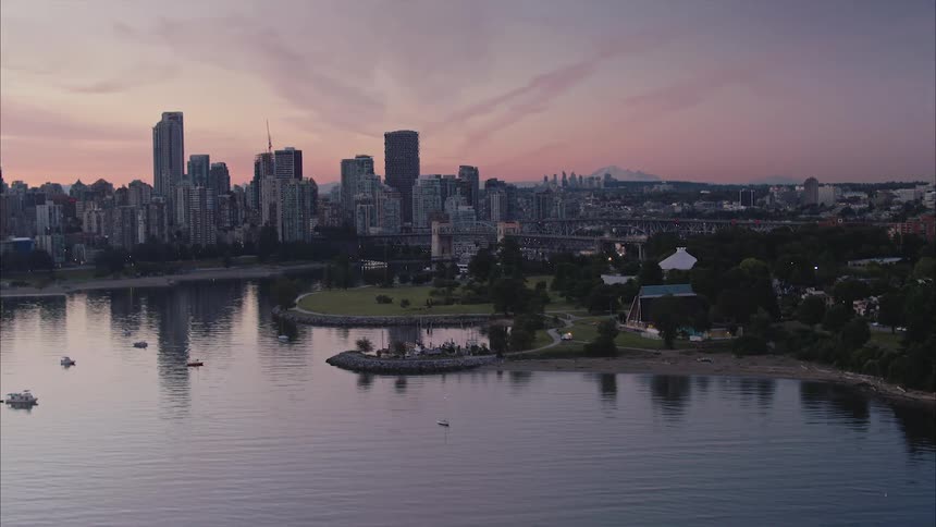 Aerial view of skyscrapers on the Vancouver waterfront city skyline at dusk