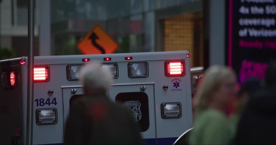 Ambulance with lights on parked on the city street