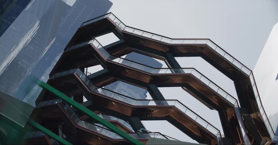 A winding stairwell is by the building