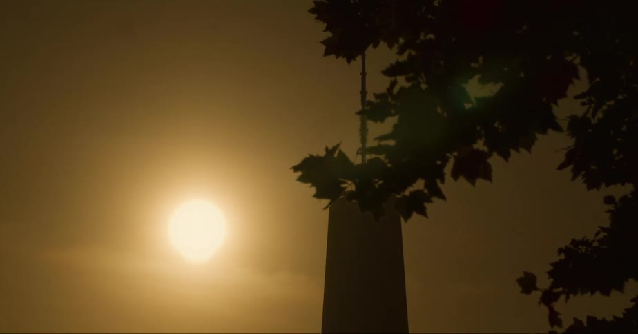 A tree moves in the breeze as the sun shines in a hazy sky near a tall spire on a building