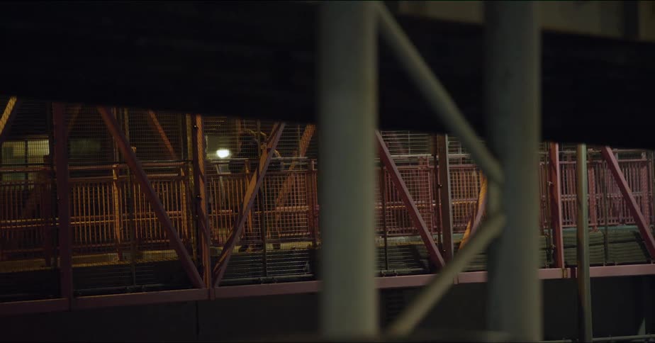 Group of people move along bridge at night
