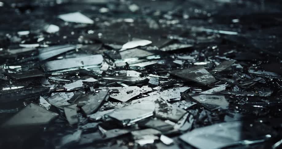 Close up of broken glass with police lights displaying on