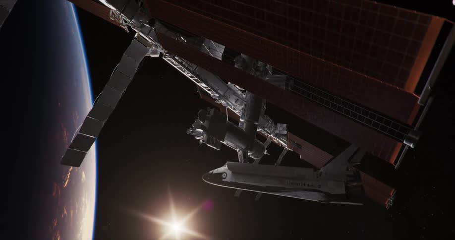 A large space station orbiting earth in outer space