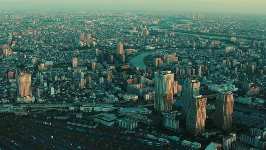 An aerial view of buildings and skyscrapers in a city