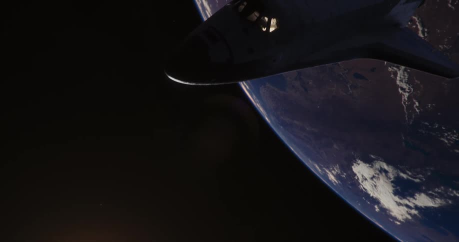A space shuttle floating above the earth with sun glowing in space