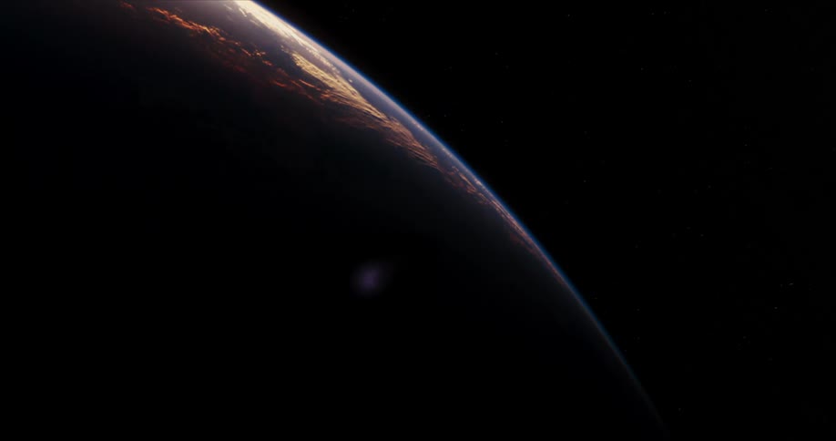 An space shuttle flies past a planet as lightning flashes in a storm on the surface of the planet