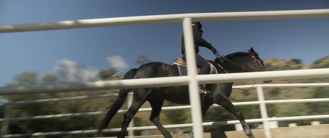A rider on horseback riding on a railed in dirt track on a sunny day
