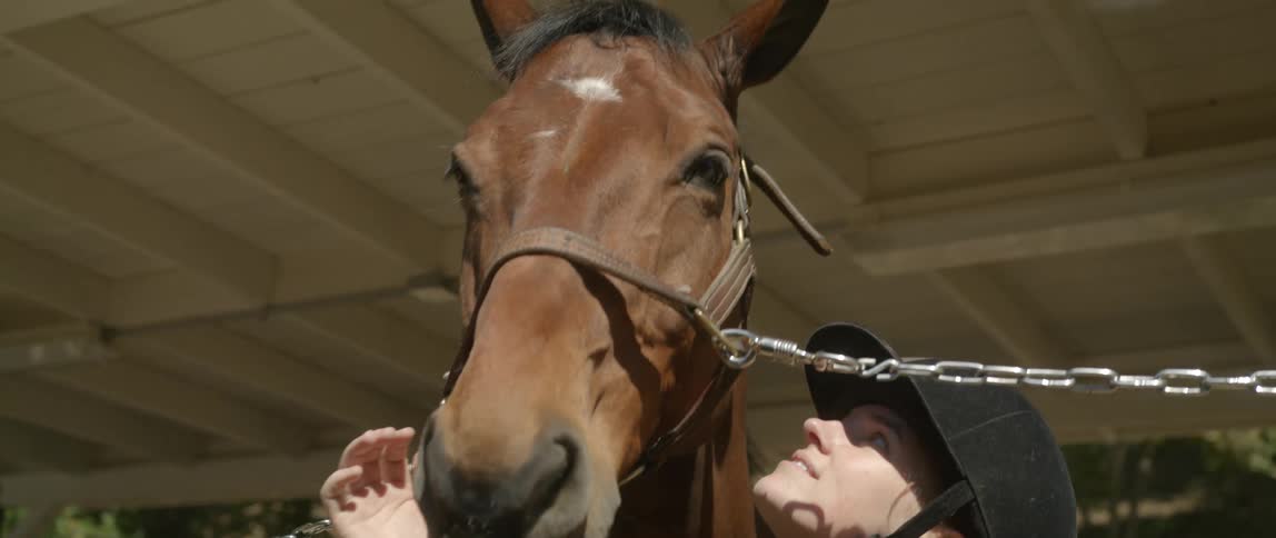 A woman wearing a jockey cap is petting a horse that is chained up with chains on the bridal