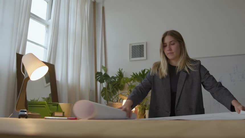 A woman is standing over a table and she unrolls large paper with sketches and looks down