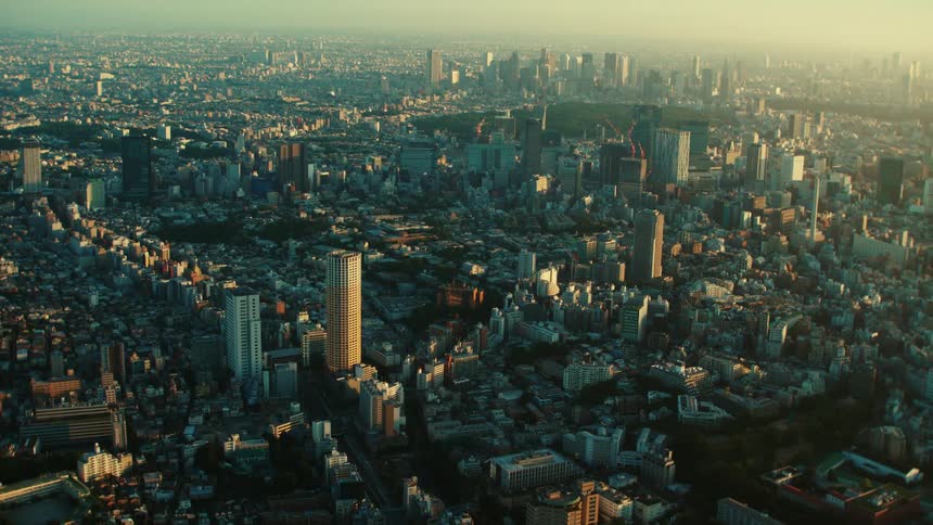 An aerial view of high rise buildings in a city
