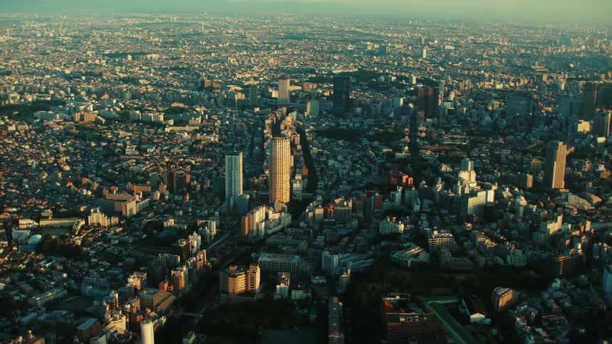 An aerial view of a large city with buildings