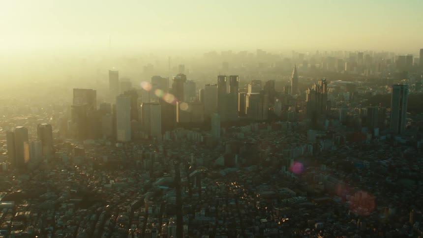 An aerial view of large buildings outdoors