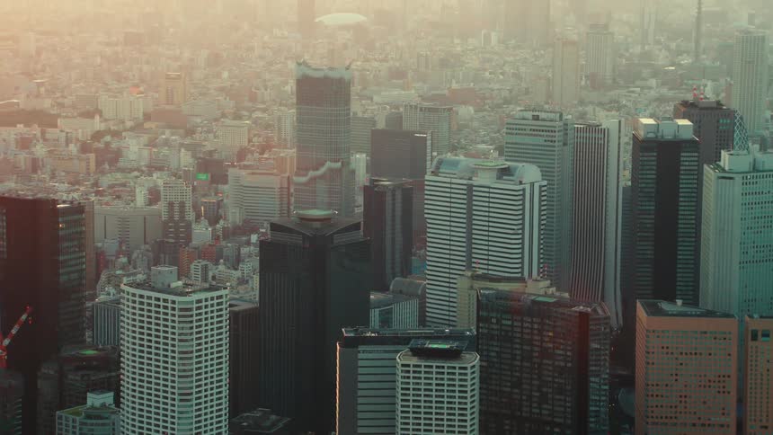 Aerial view of office buildings in the city at dawn