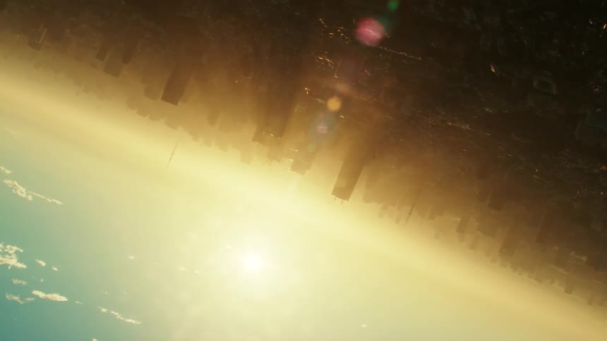 Sun glares from sky casting city skyscrapers into silhouettes against the amber smog filled atmosphere