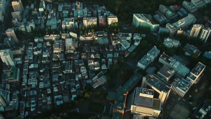 An aerial view of houses and apartment buildings in a city
