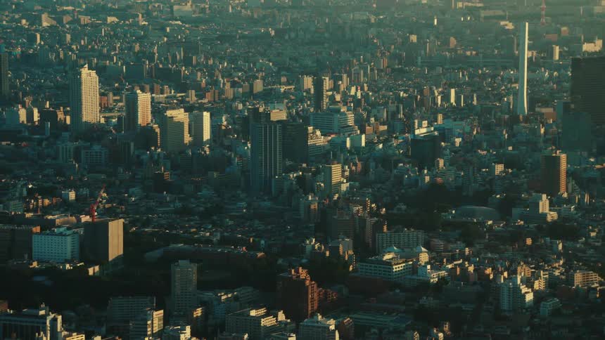 The sun shines upon buildings in a crowded city and skyscrapers stand tall above other buildings