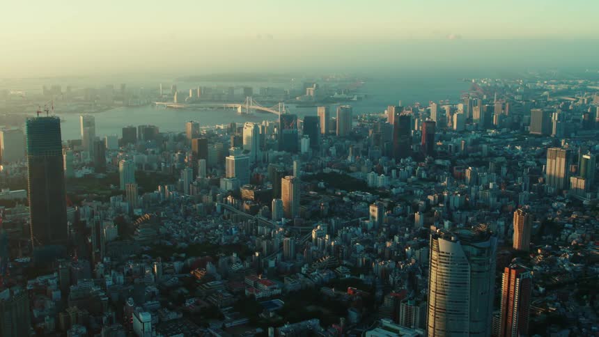 An aerial view of a city on the shore with high rise office buildings