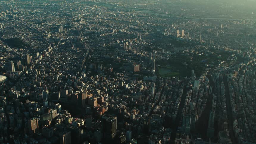 An aerial view of buildings in a large city