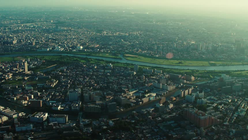 An aerial view of a city full of buildings