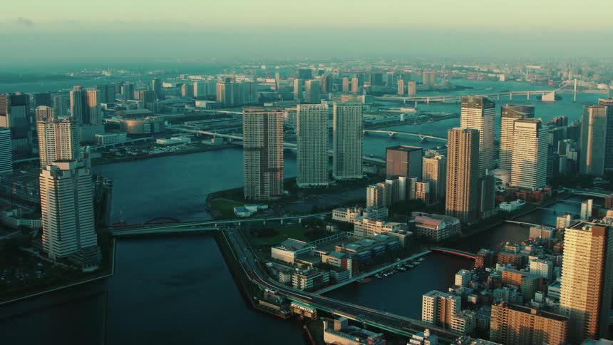 Marina sits between skyscrapers and other city buildings near the waterfront