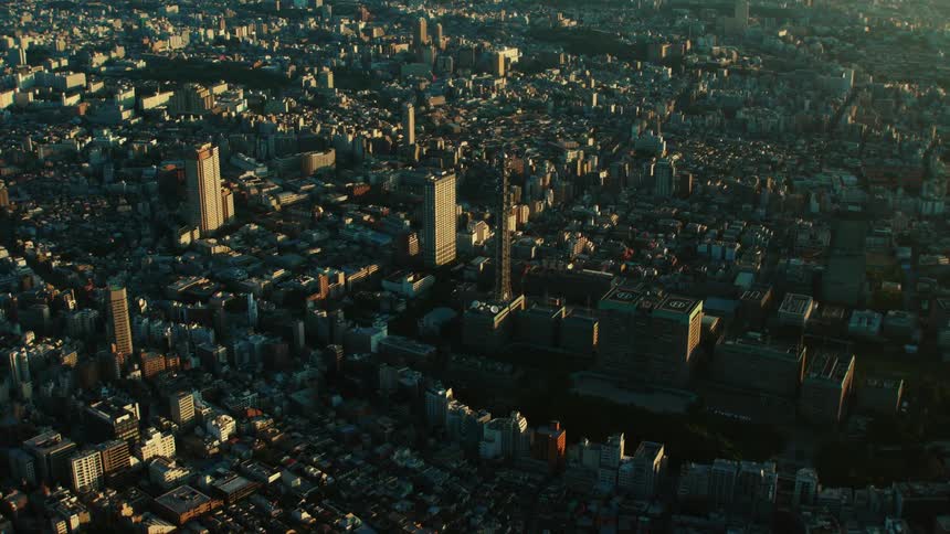 An aerial view of buildings and offices in a city
