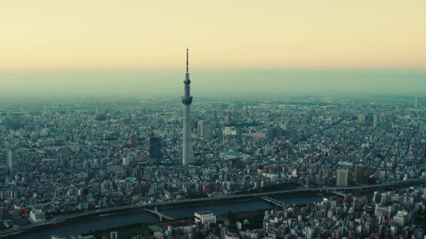 Aerial view of tokyo skytree tower with buildings at dawn in the city