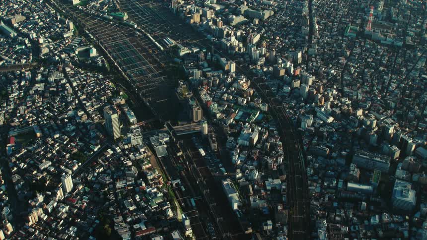 An aerial view of dense buildings in a city