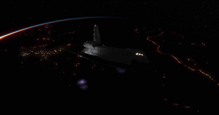 A space shuttle is flying high over earth with city lights and lightning storms are visible on the earth behind it