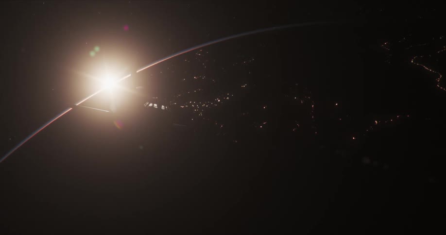 A space shuttle flying in space as storms flash on the surface of the earth
