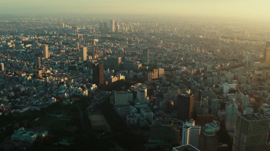 An aerial view of high rise buildings in a city