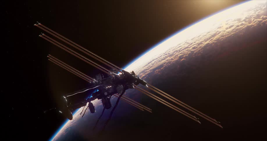 A space station flying past a planet in space