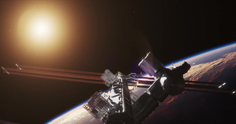 A space station hovers over planet earth
