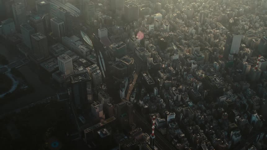 An aerial view of high rise buildings in a city