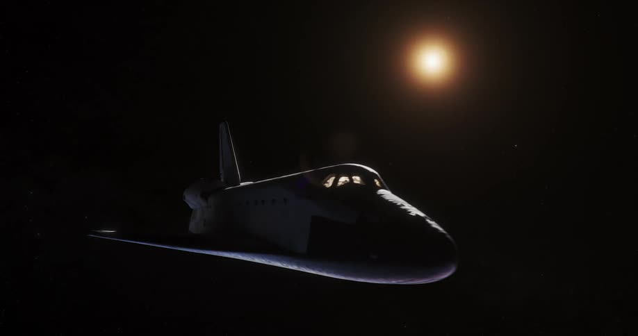 A space shuttle flies in the night sky with the sun in the distance