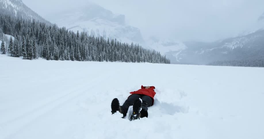 Person making a snow angel in the vast wilderness