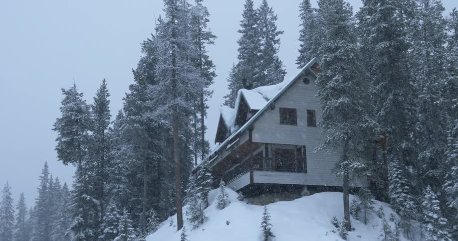 Snow is falling heavily over a house on a hill
