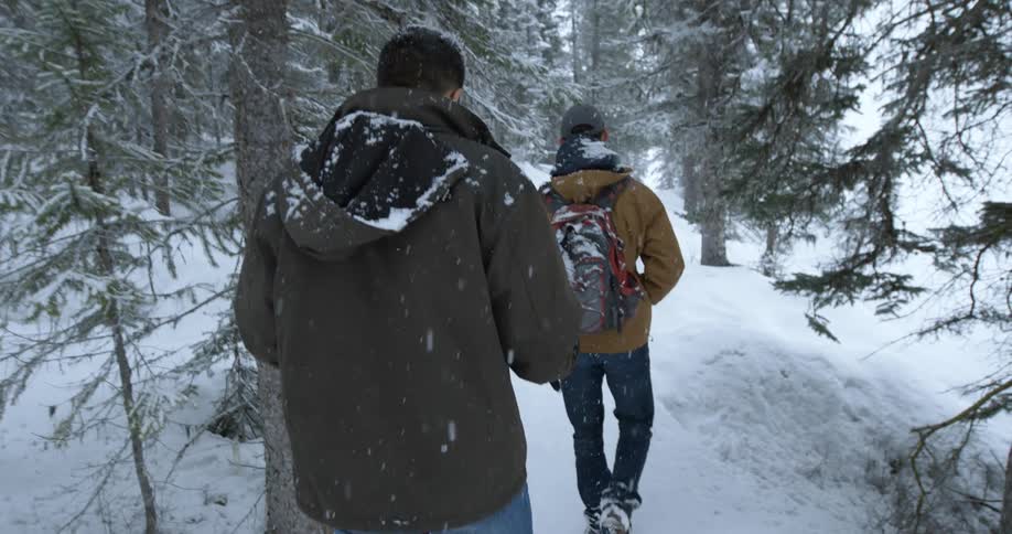 Two people following a snowy trail through a forest