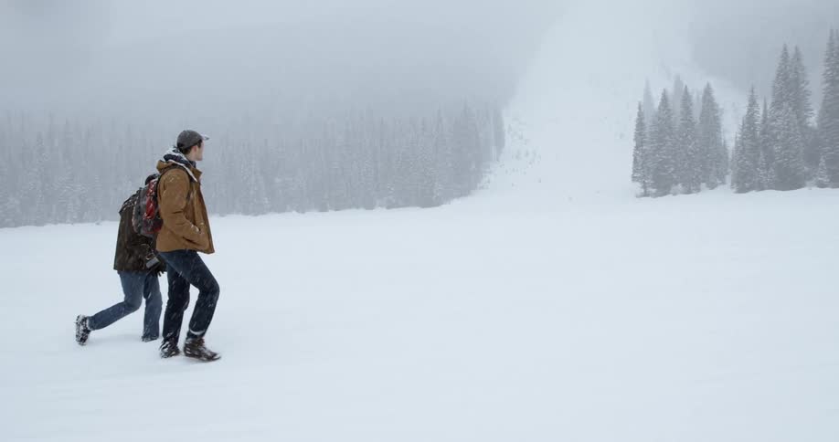 Two people walk across a frozen landscape covered in snow while it is snowing