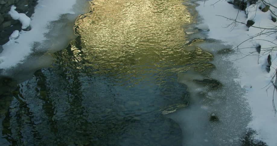 A small stream is surrounded by snow and ice