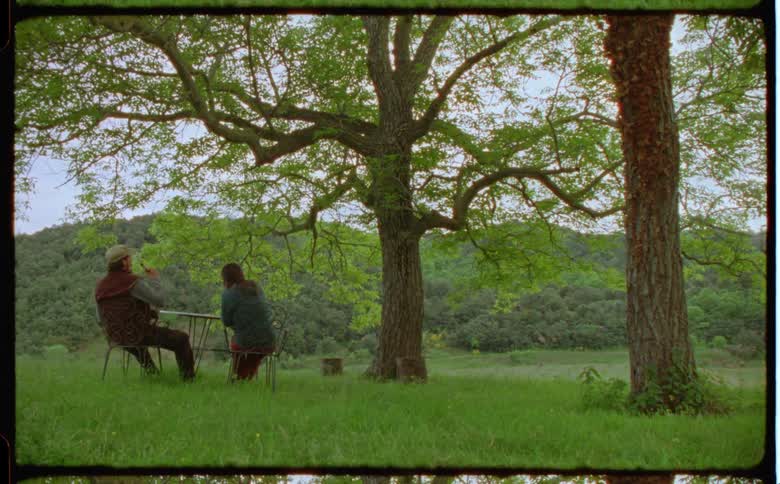 A man and woman sit at a picnic table below a tree and facing rolling hills