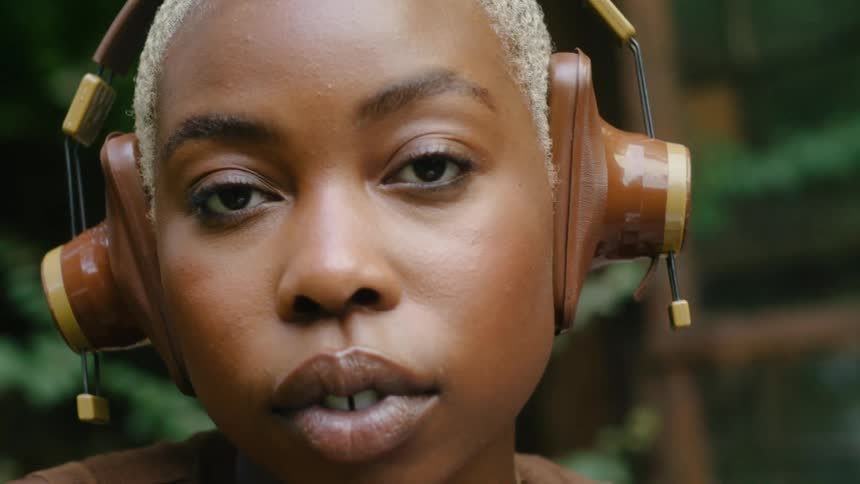 Woman with short hair and brown headphones stares at camera