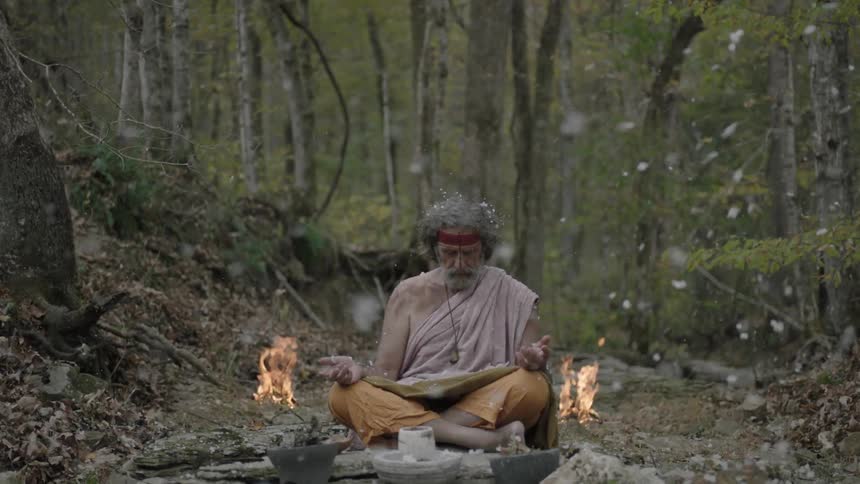 White debris falls around a man meditating in the woods