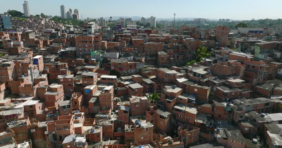 Aerial view of houses and buildings in the suburbs